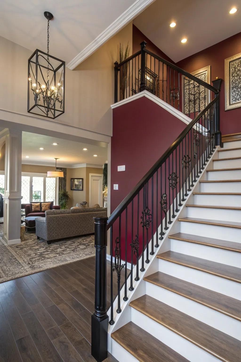 Banister and accent wall harmony creates visual flow.