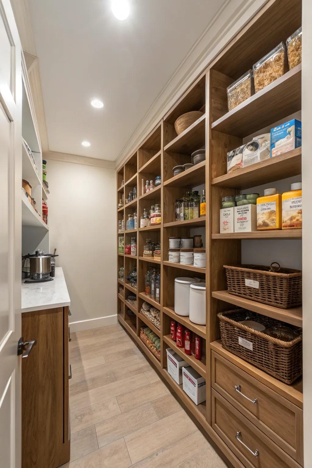 A U-shaped pantry making full use of storage with shelves installed on three walls.
