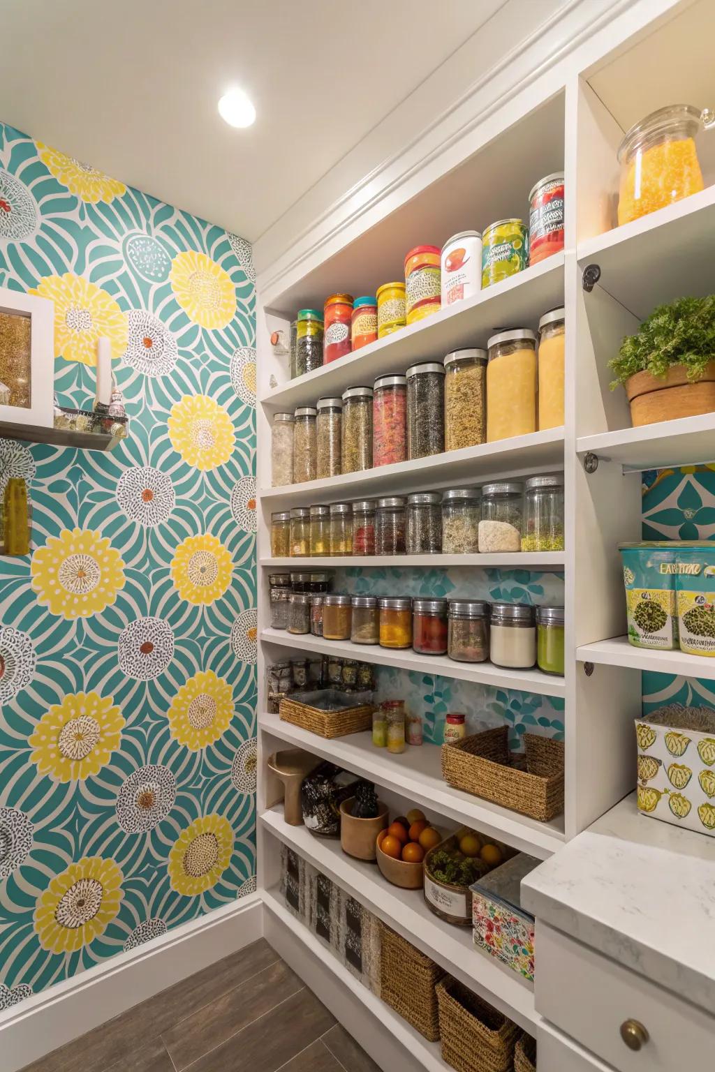 Colorful wallpaper in a pantry contributes a personal accent and enhances visual charm.