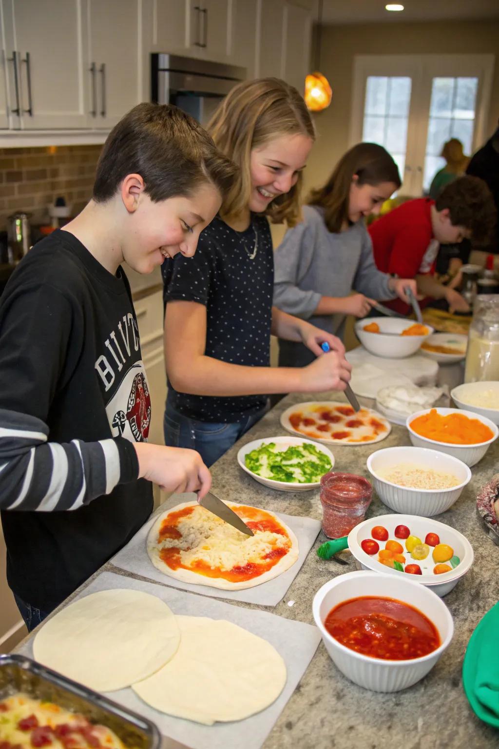 Teens crafting their own scrumptious flatbreads with various toppings.