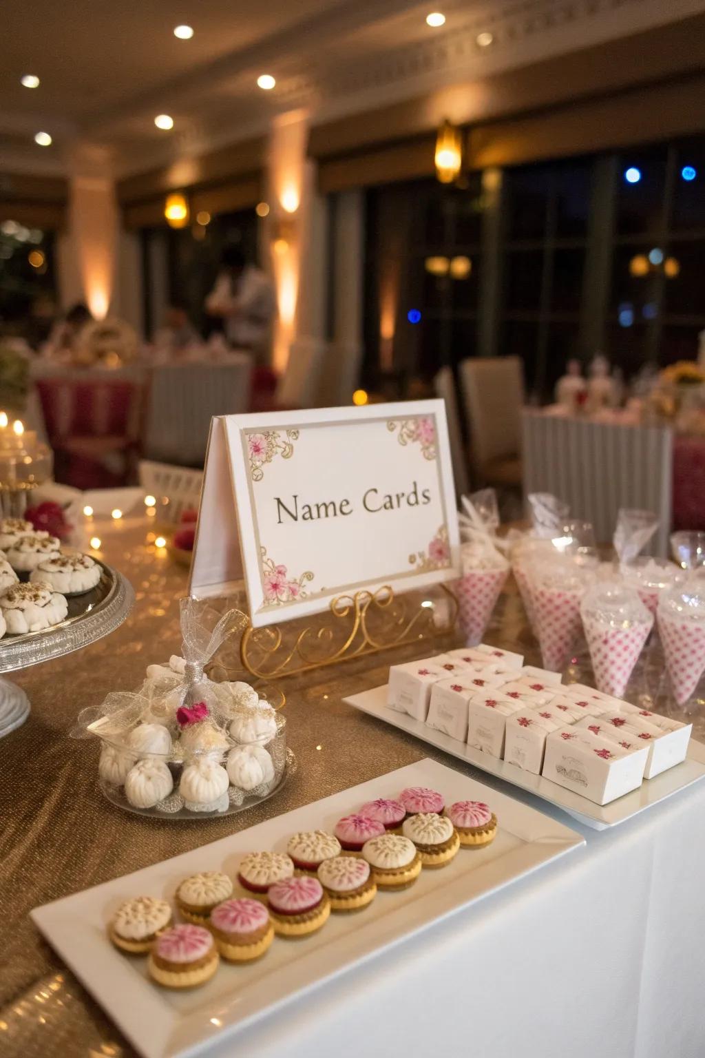 Personalized place cards and thoughtful favors, adding an intimate touch to the table setting