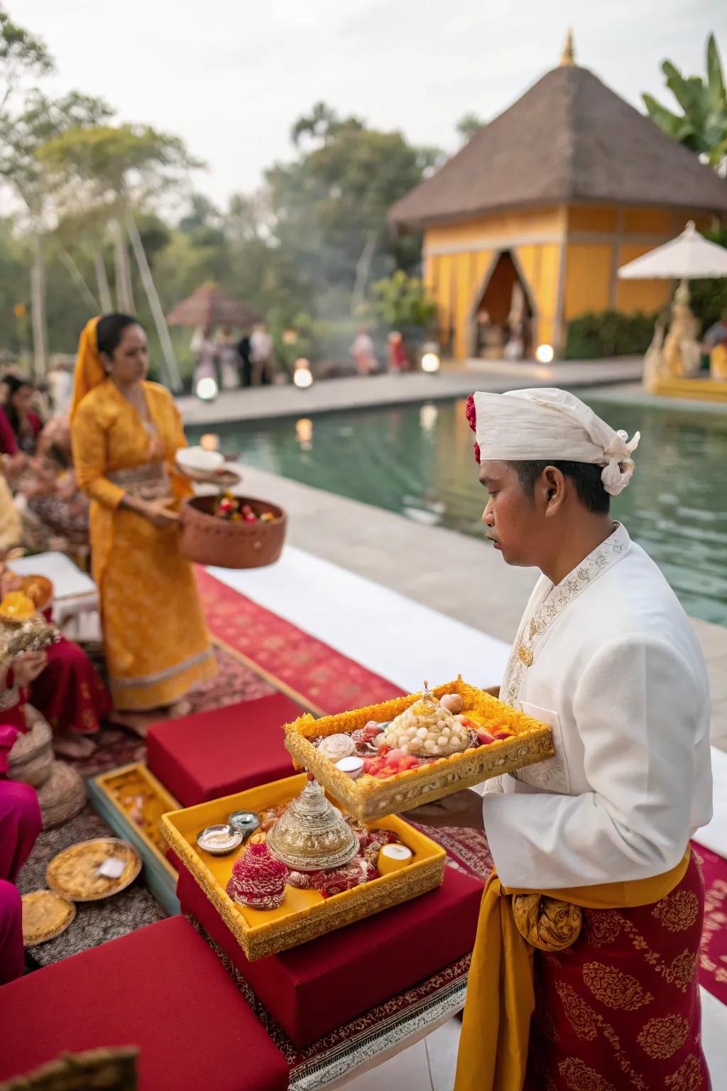 Ceremonial trays and items enriching the authenticity of a rice-feeding ceremony.