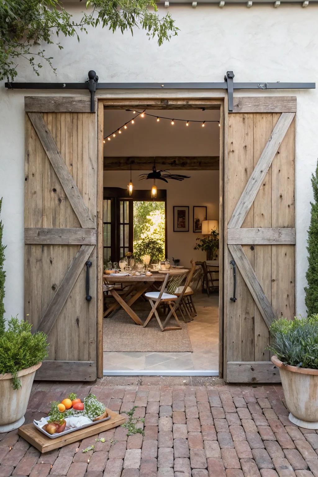 Gliding barn panes bring country-style charm to your patio entrance.
