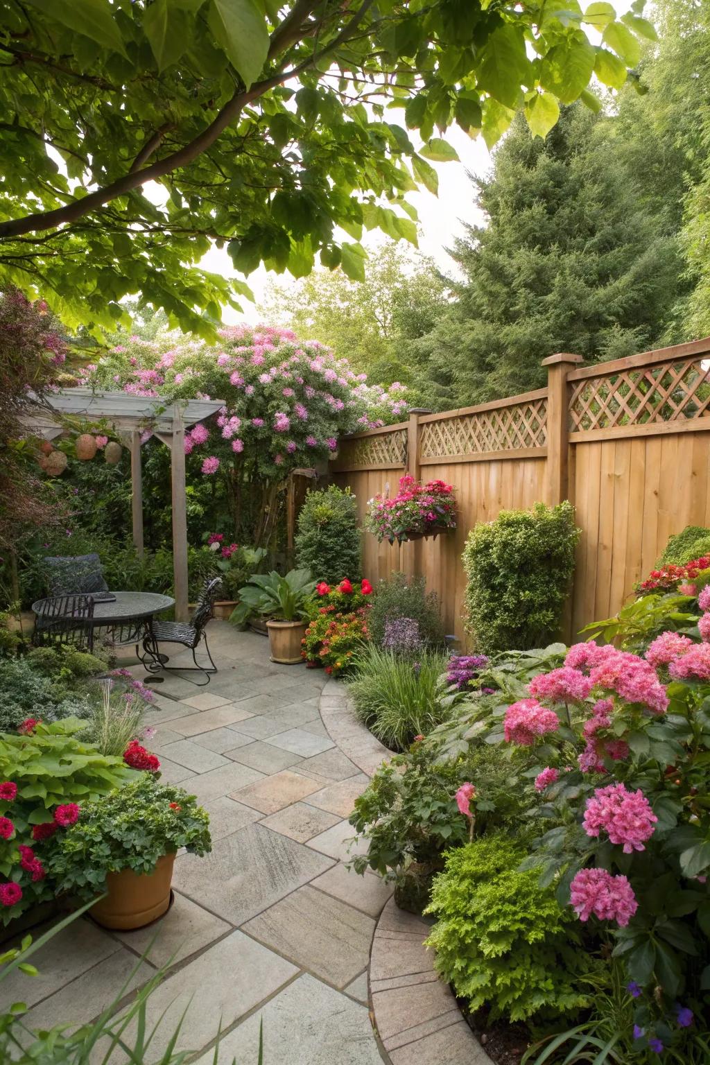 Lush landscaping heightens the inherent charm of a patio.