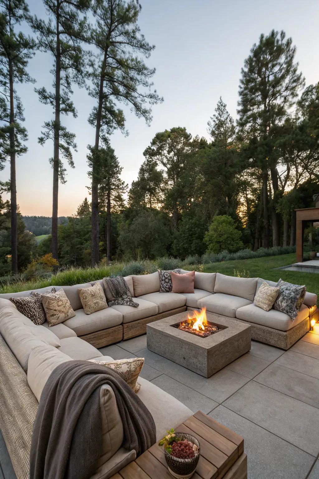 A modular couch provides comfort and flair near your firepit.