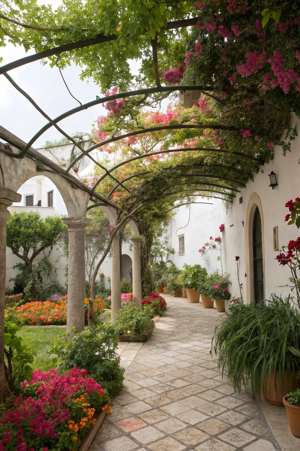 Arched pergolas with flowering vines provide shade and charm.