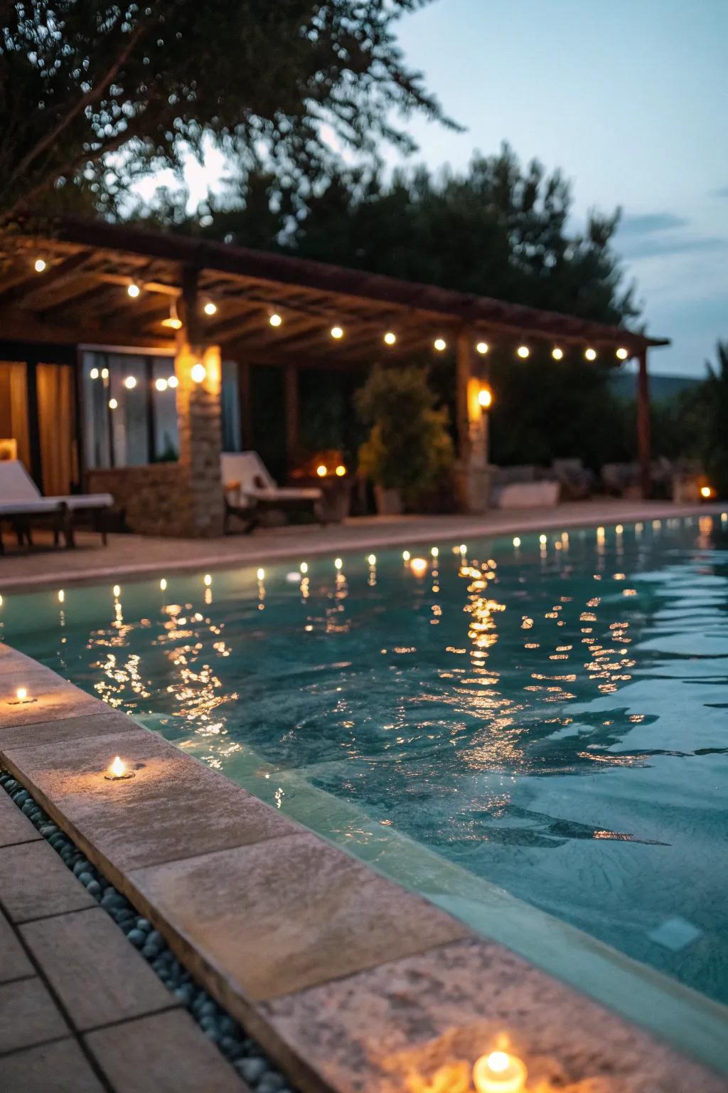 Establish an evening mood using soft pool lighting.