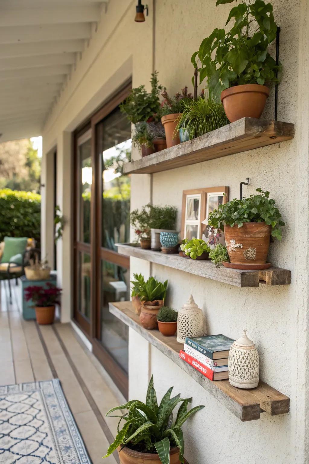 Floating shelves offer both style and storage solutions on the patio wall.