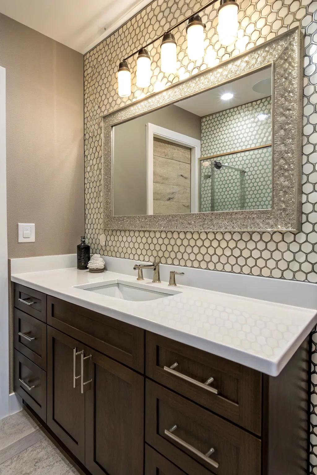 A chic penny round backsplash behind a contemporary vanity.
