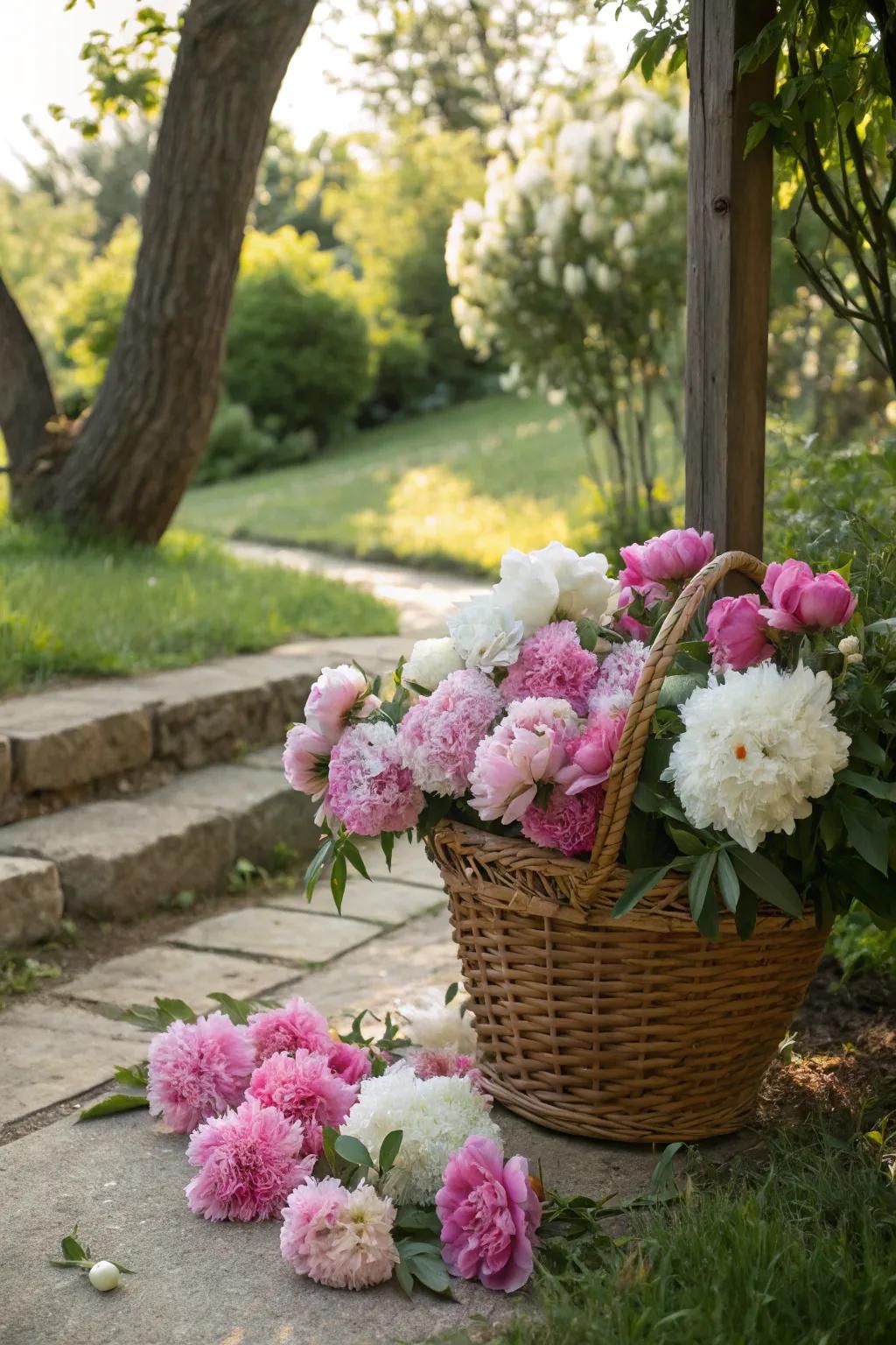 Personal accents like hampers of peonies adding charm to the garden.