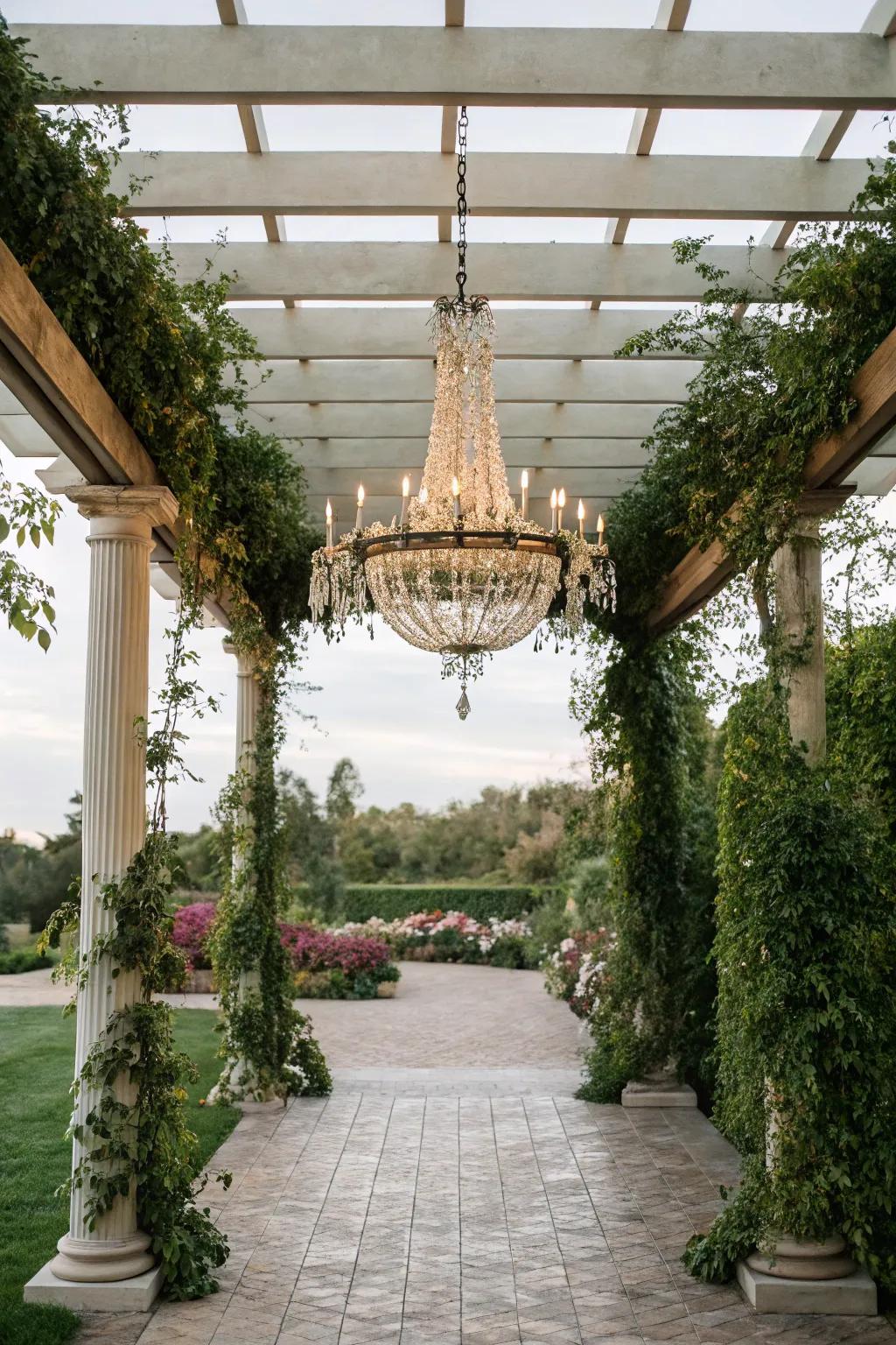 A pendant light injects class and panache into the pergola.