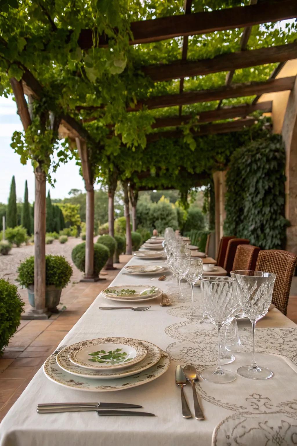 Repasting beneath a pergola delivers a singular and spellbinding open-air sensation.