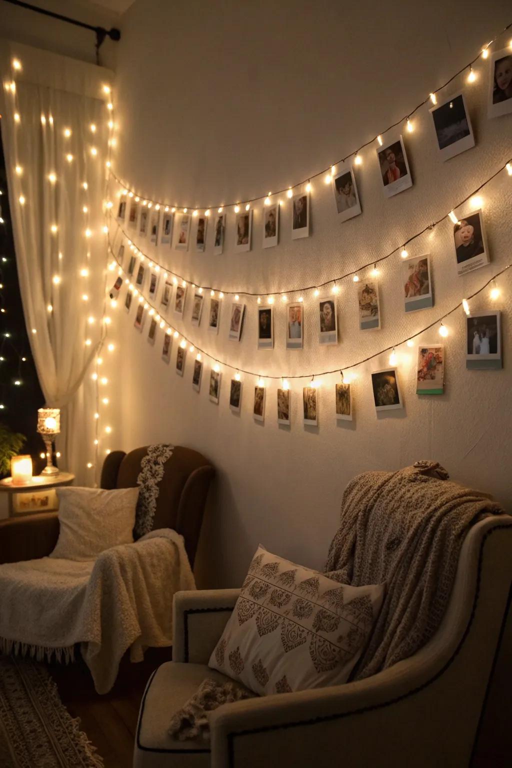 A trail of memories garland featuring images and fairy lights.