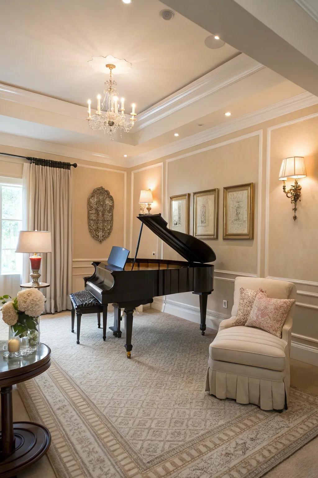 A subdued palette cultivates a tranquil and welcoming atmosphere in the piano space.