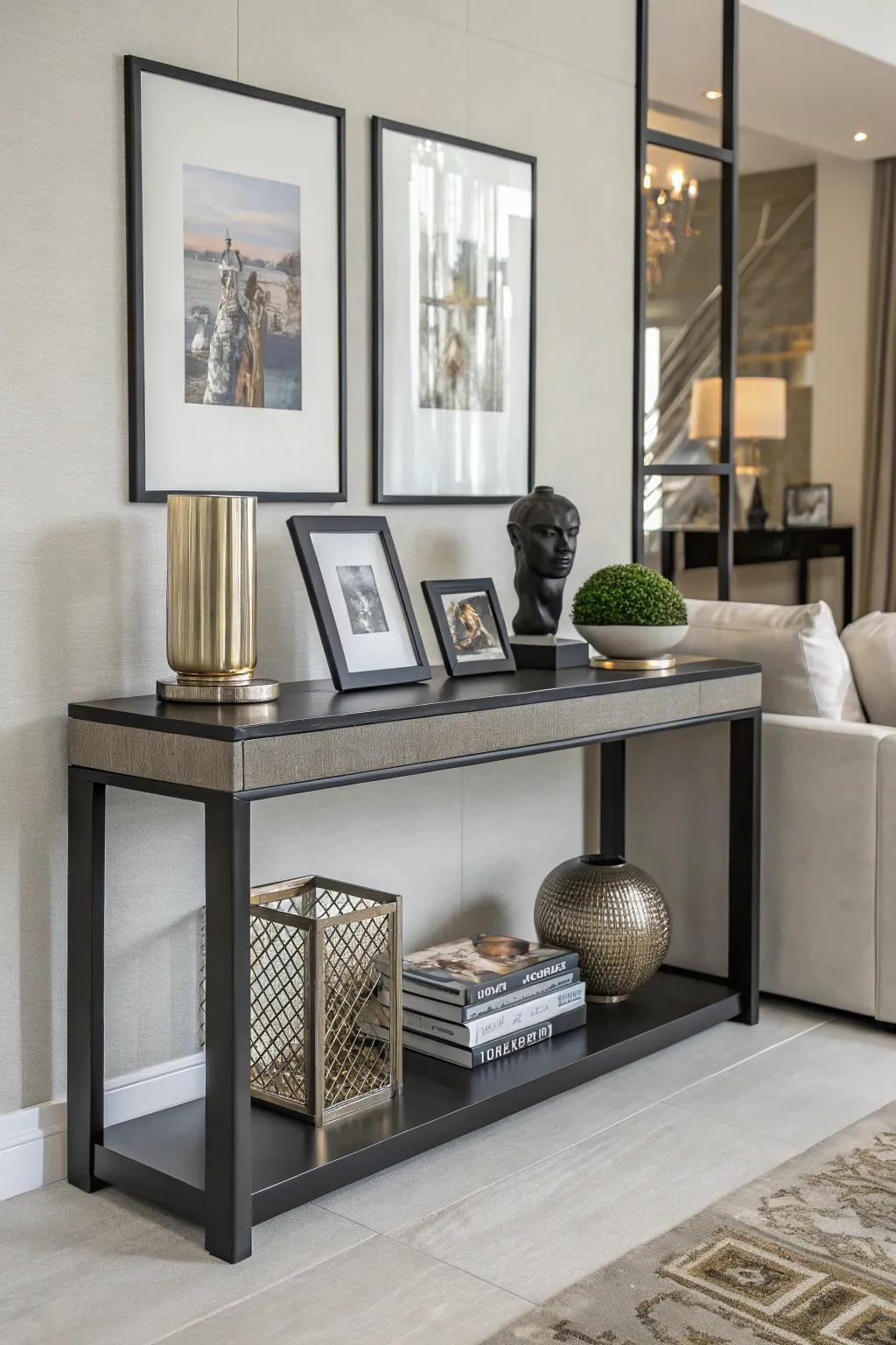 An artistic image arrangement above a console table.