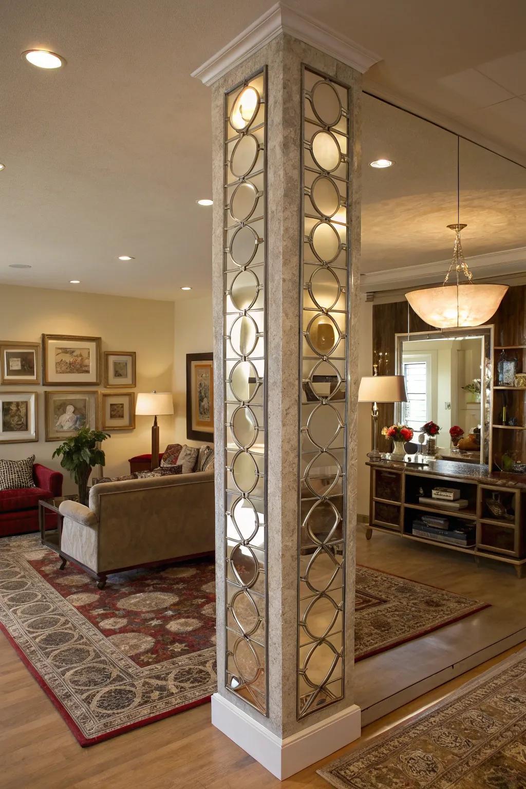 Mirrors on pillars amplify luminosity and spaciousness in any given area.
