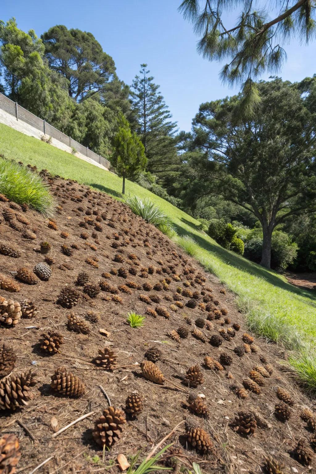 Pinecones are effective in managing soil erosion on inclines.