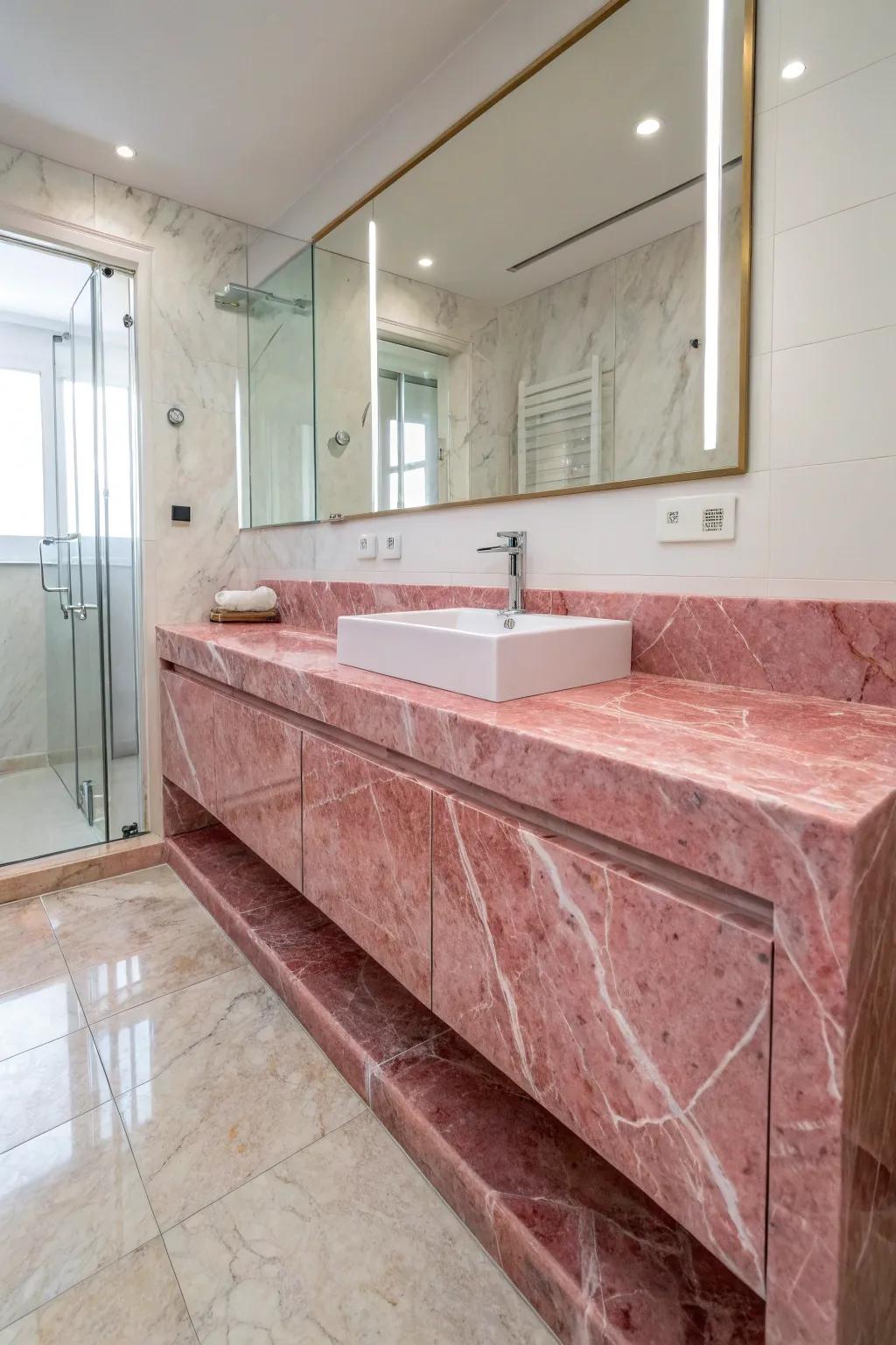Rose veined marble contributes opulence and refinement.