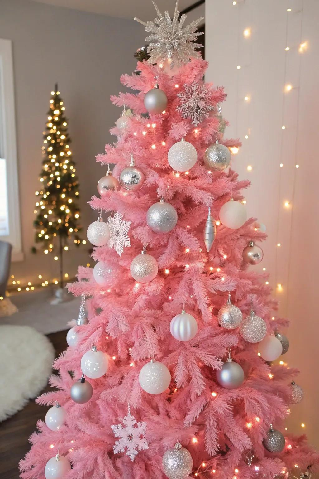 Ivory and silver accents accentuate the splendor of this rosy tree.