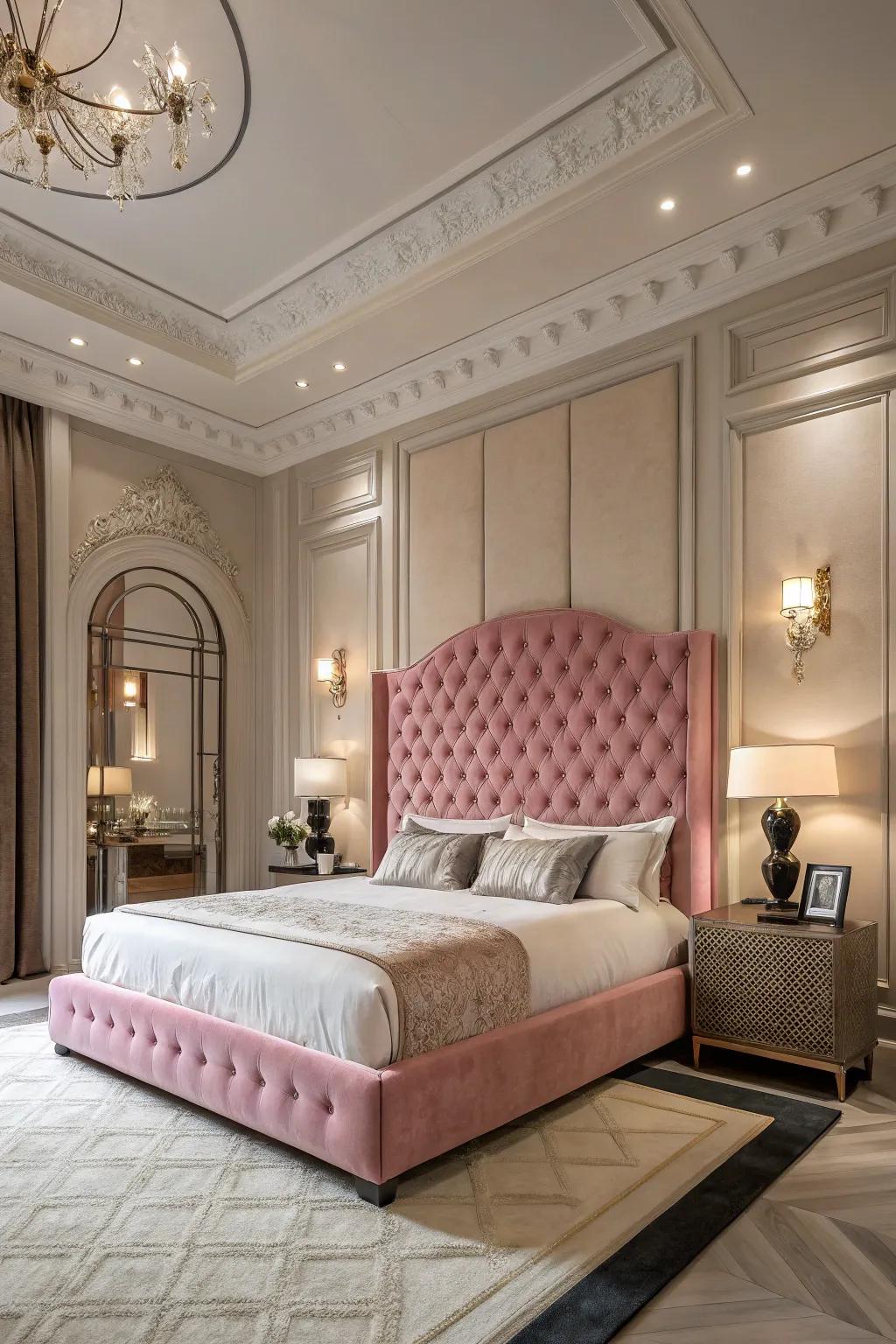 A sensational and opulent bedroom with a large rosy headboard.