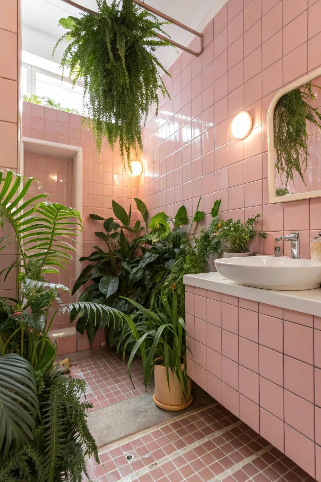 A fresh bathroom with pink tiles and plants.