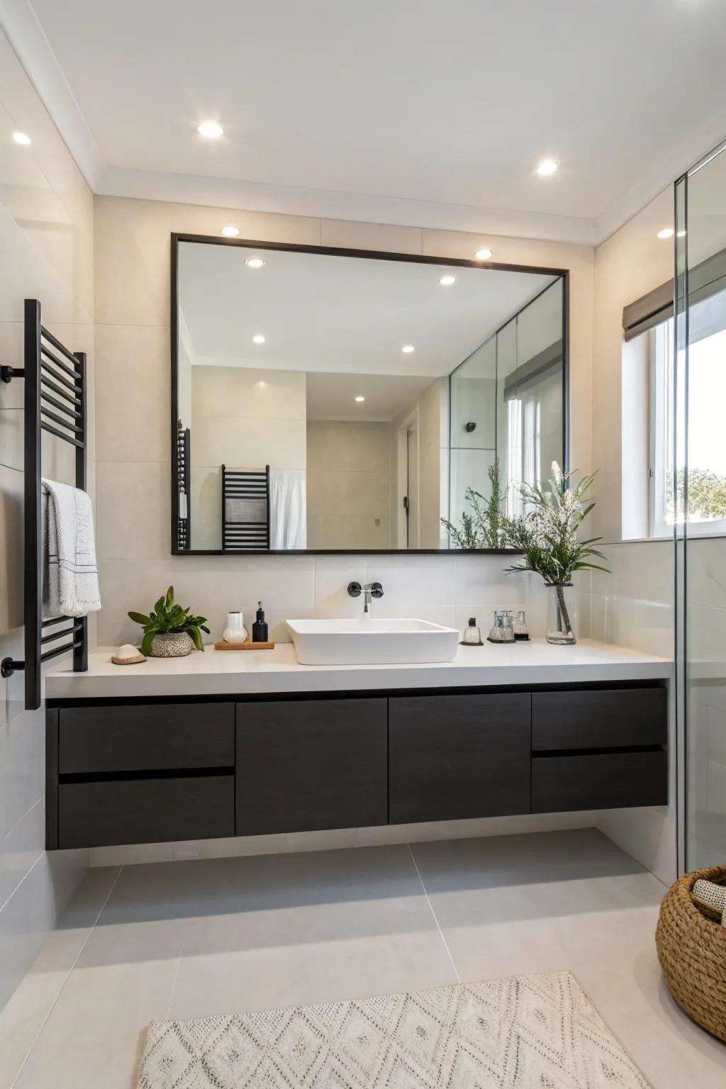 Wall-hung vanities provide a streamlined, space-efficient solution.