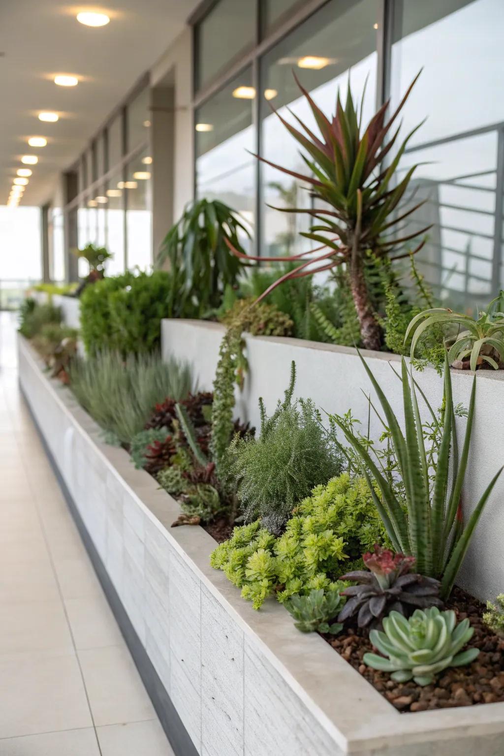 Disparate flora elevations infuse dimension and intrigue to this plant ledge.
