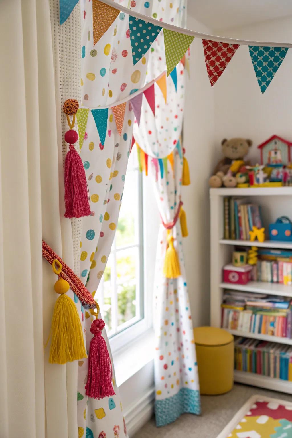 Decorative touches like bunting amplify the charm of the playroom curtains.