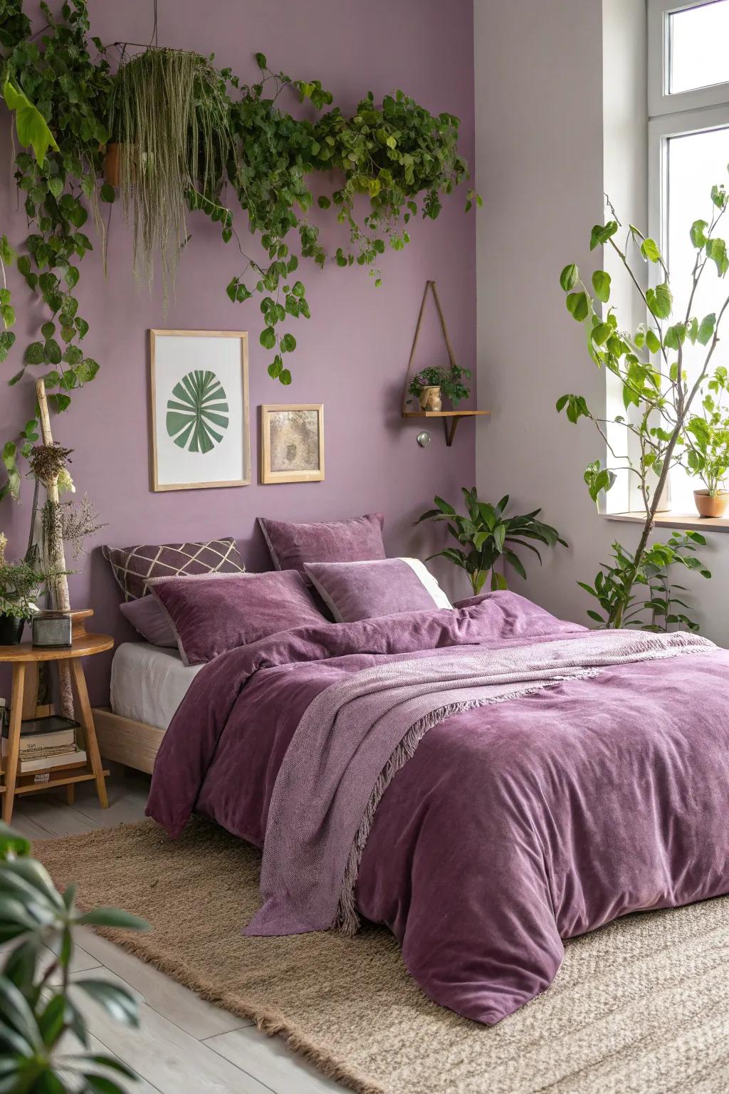 Thriving green plants add life and contrast to lavender interiors.