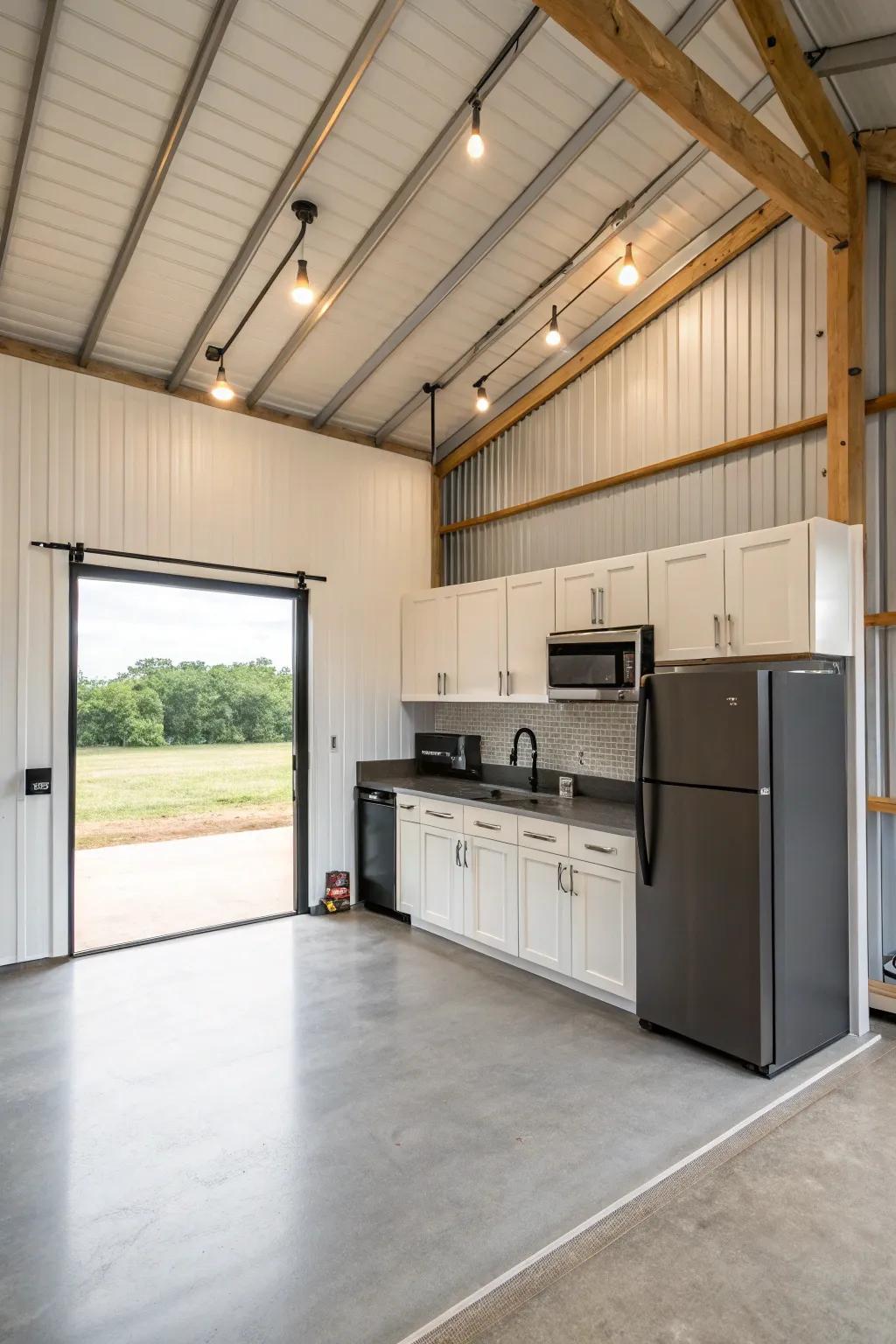 A contemporary mini-kitchen inside a pole barn, featuring a sleek and minimalist layout.