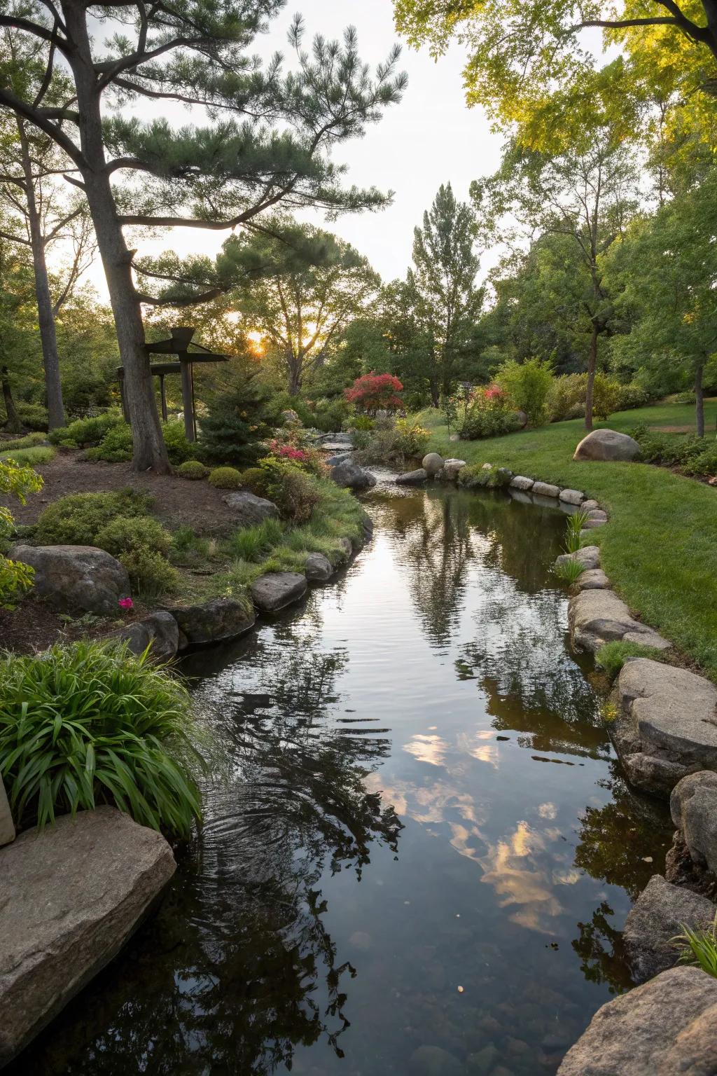 Mirror-like streams engender tranquil, reflective environments.