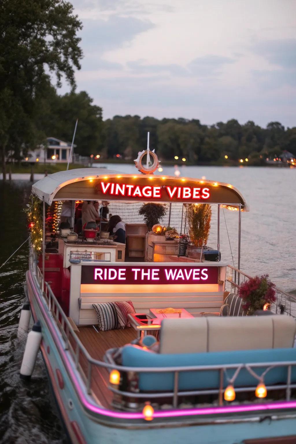 A flashback-themed pontoon boat glowing with electric lights and vintage allure.