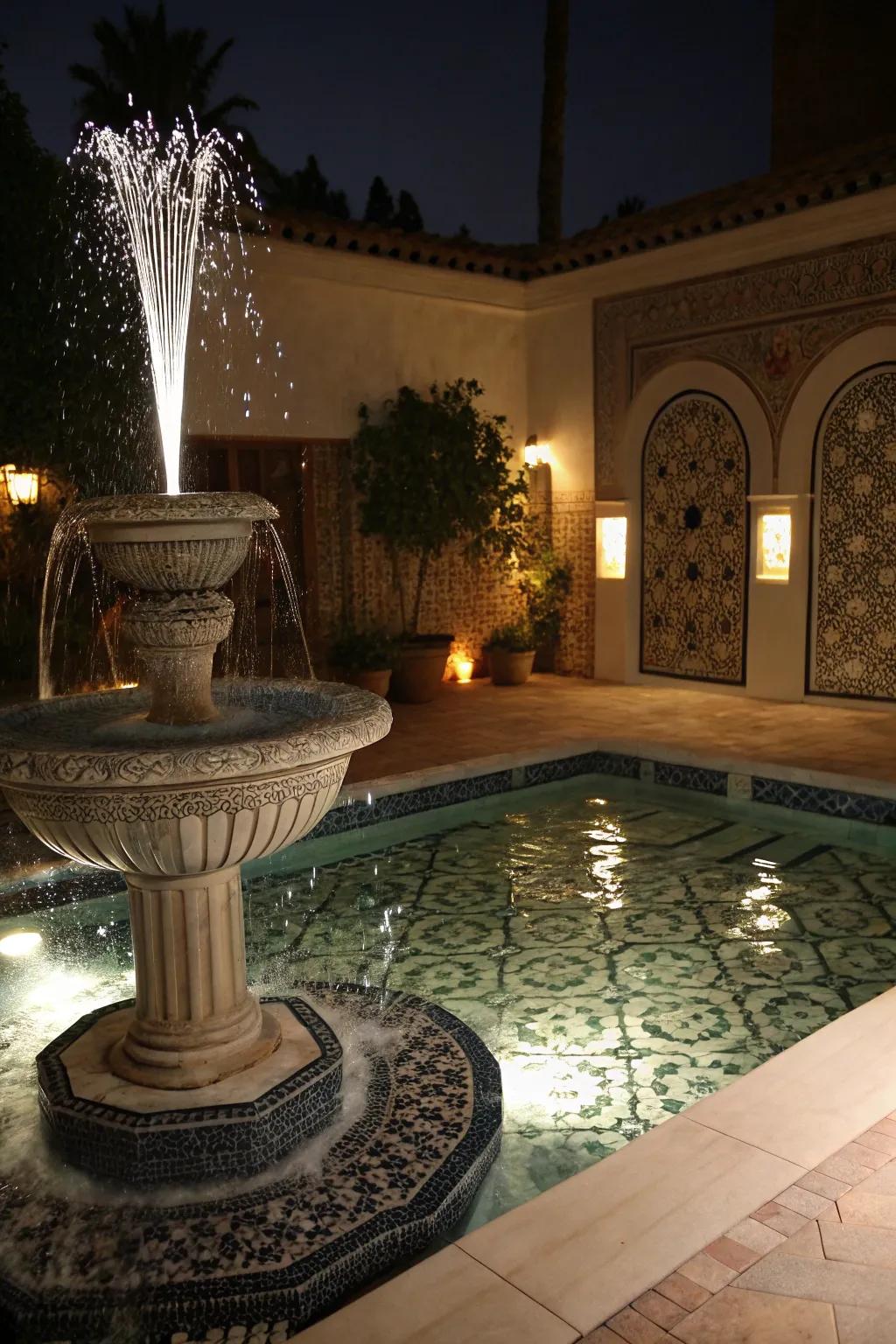 Spotlighting metamorphoses a fountain into a breathtaking nocturnal highlight.