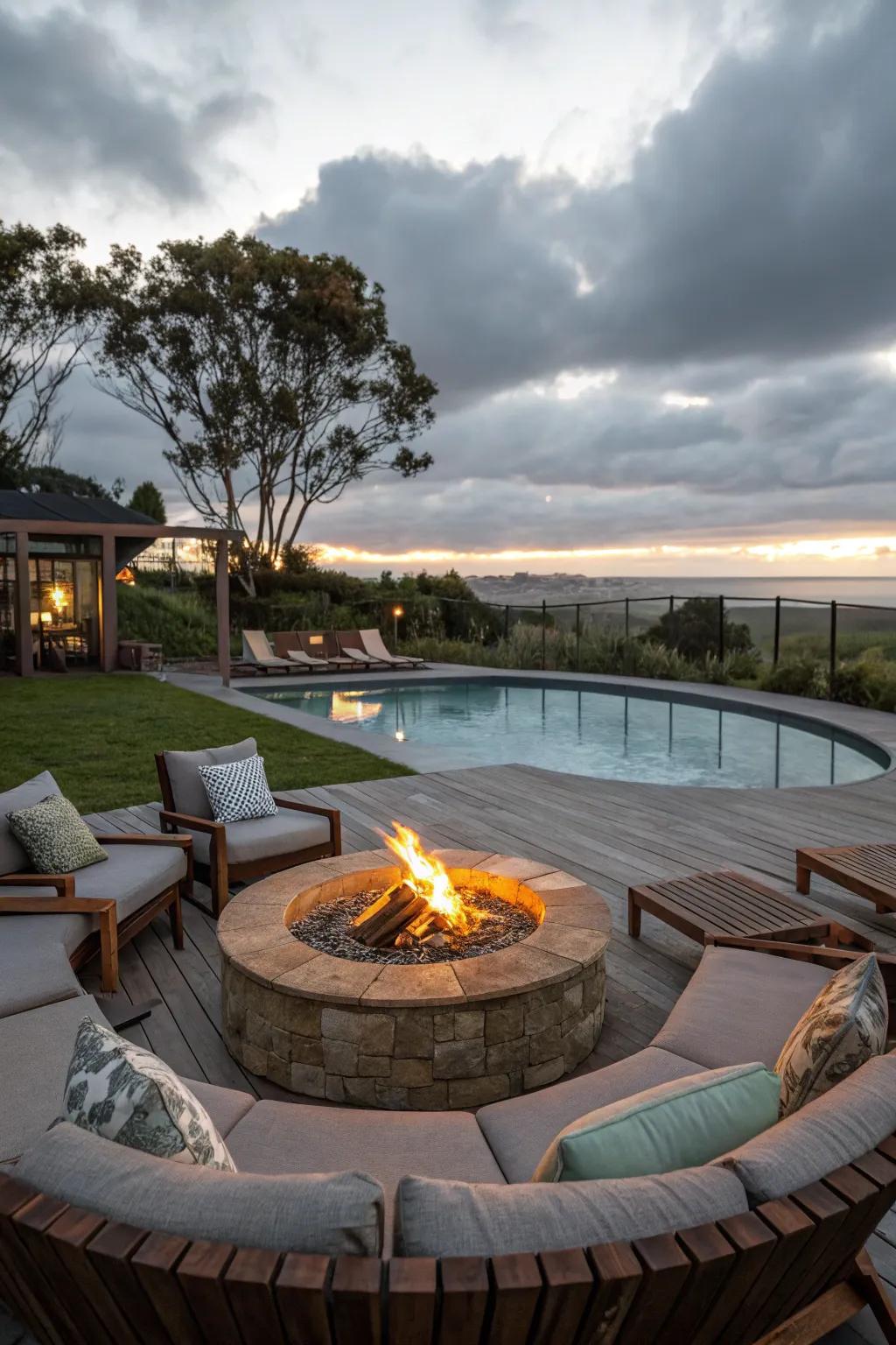 An outdoor fireplace adds warmth and invites cozy gatherings by the pool.