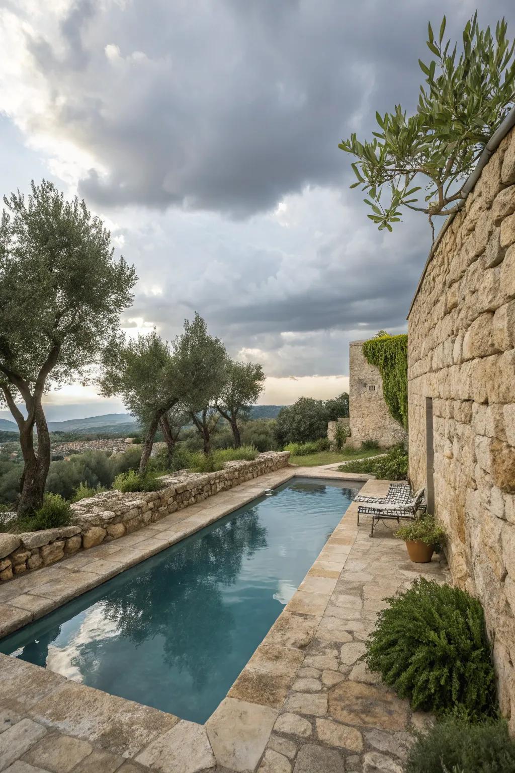 Natural stone introduces warmth and a rustic allure to pool surroundings.