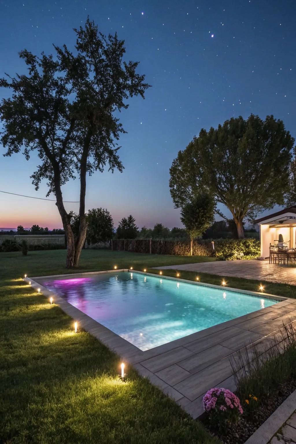 A beautifully lit pool offering a magical evening experience.