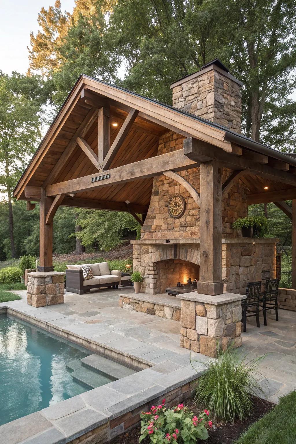 Rustic natural stone and wood shelters offer a cozy, mountain hideaway vibe.