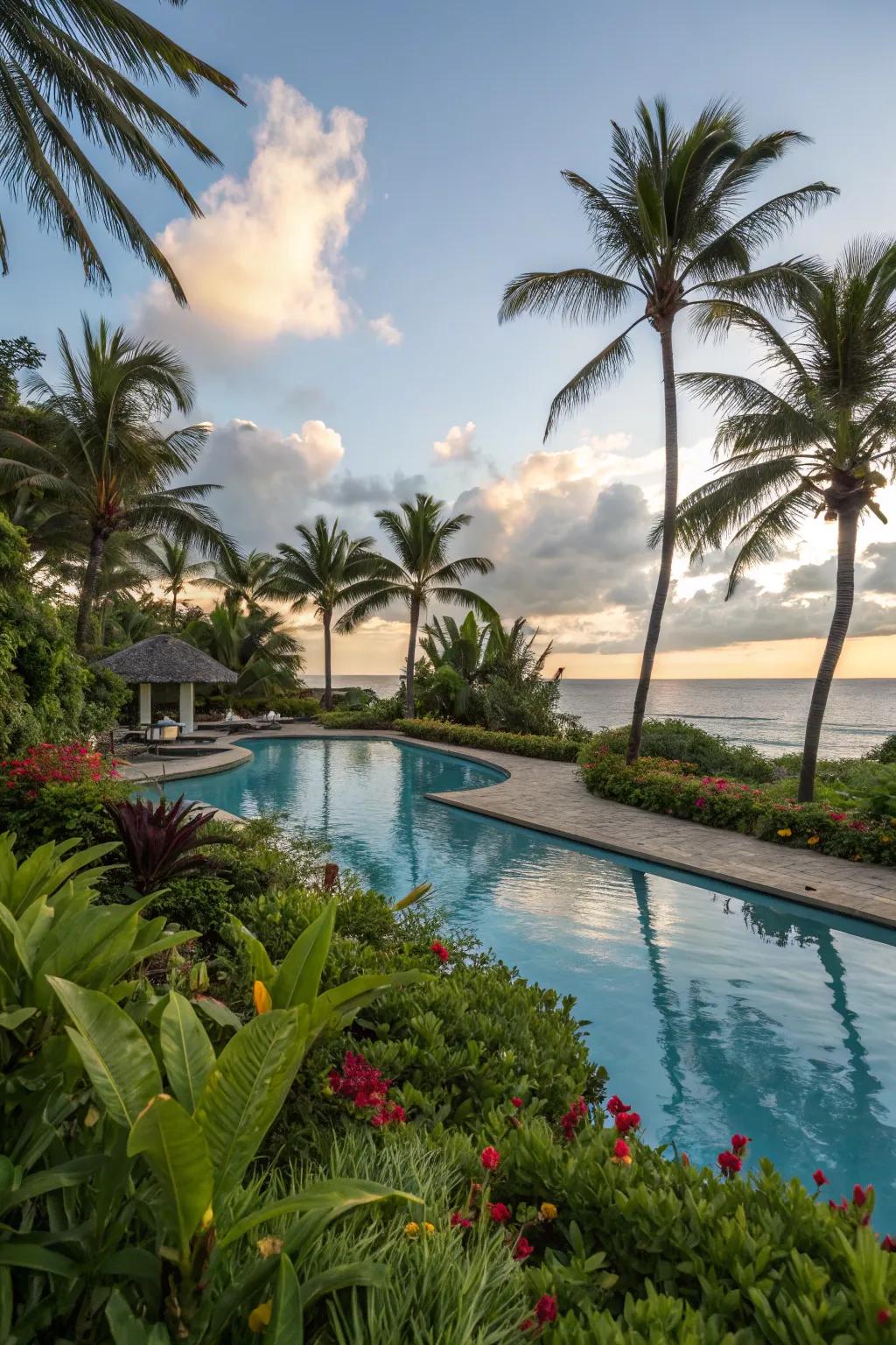 Lush landscaping creates a serene and private poolside paradise.