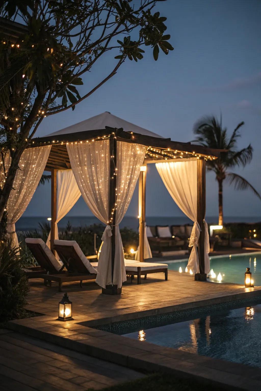 A poolside lounge with twinkling lights forges a magical nighttime retreat.