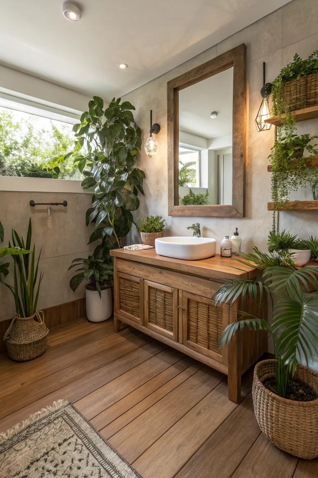 A washroom showcasing organic elements such as timber and greenery.