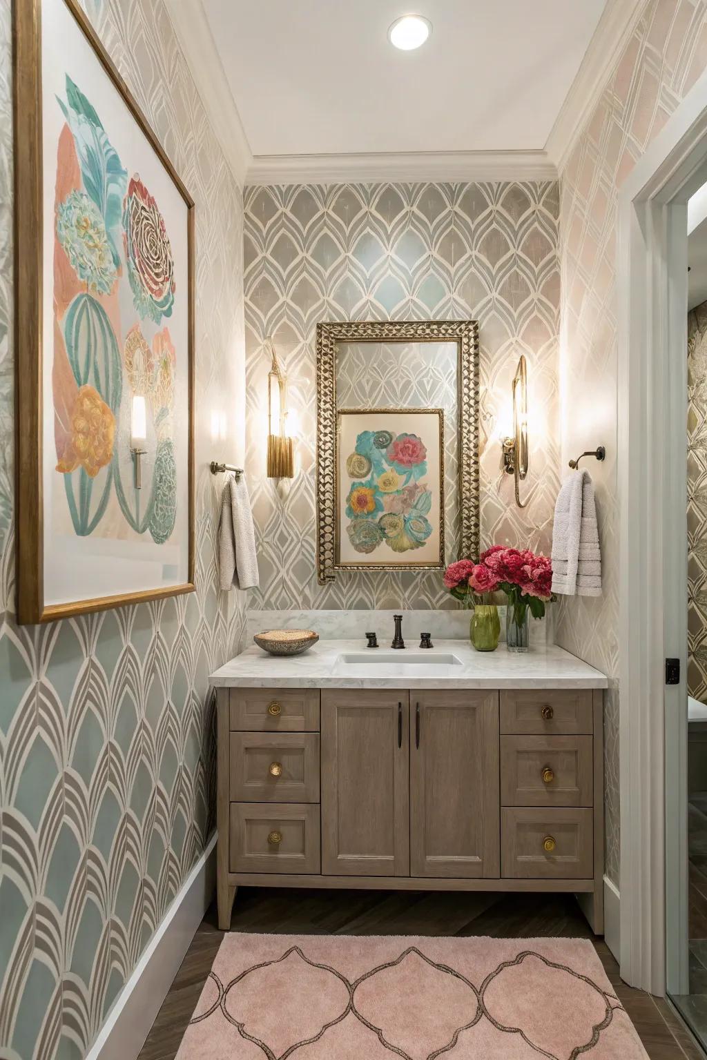 Artistic wallcovering designs can evoke a gallery-like ambiance.