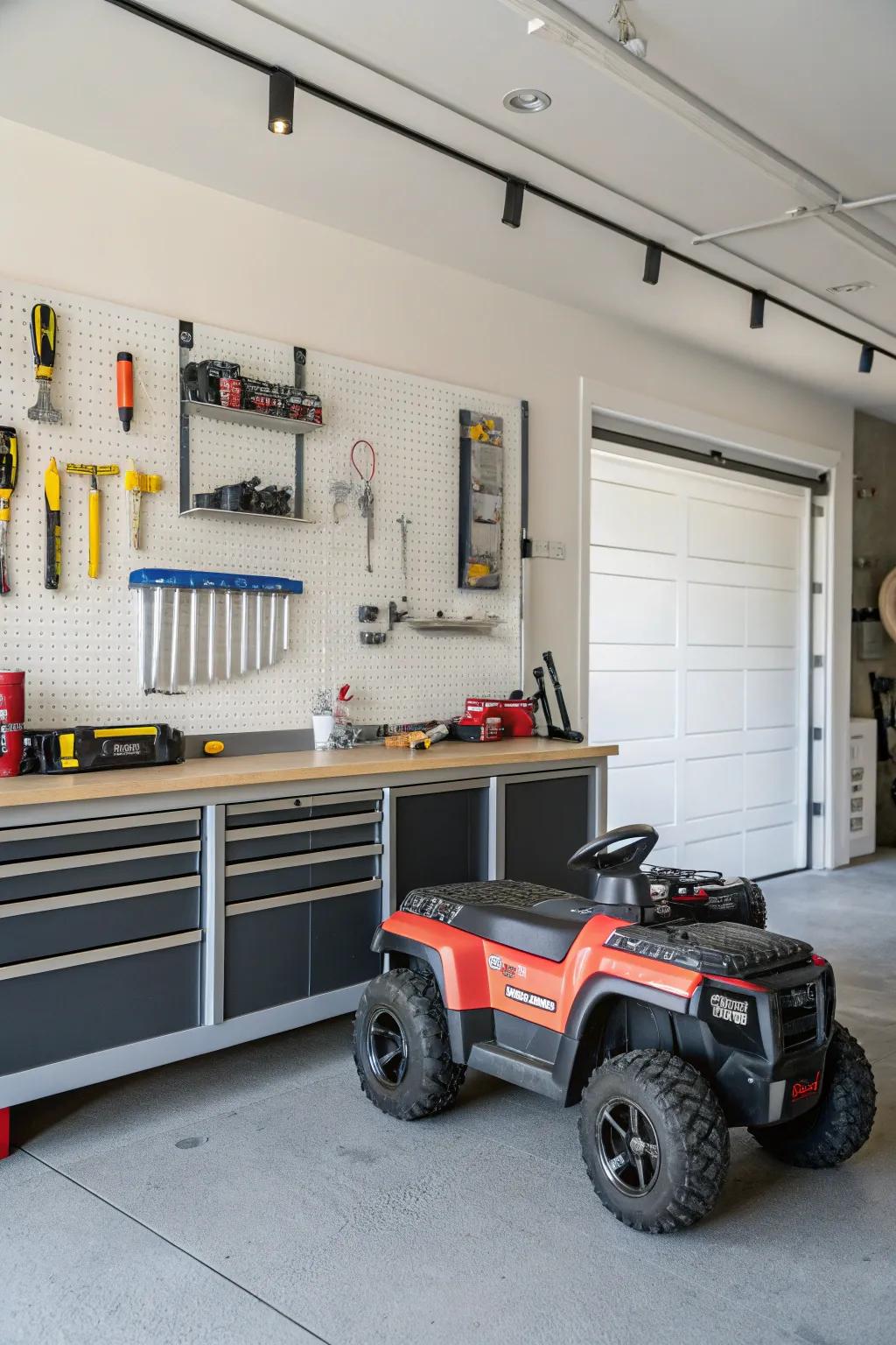 Electric ride-ons stored under a worktable for effective space utilization.