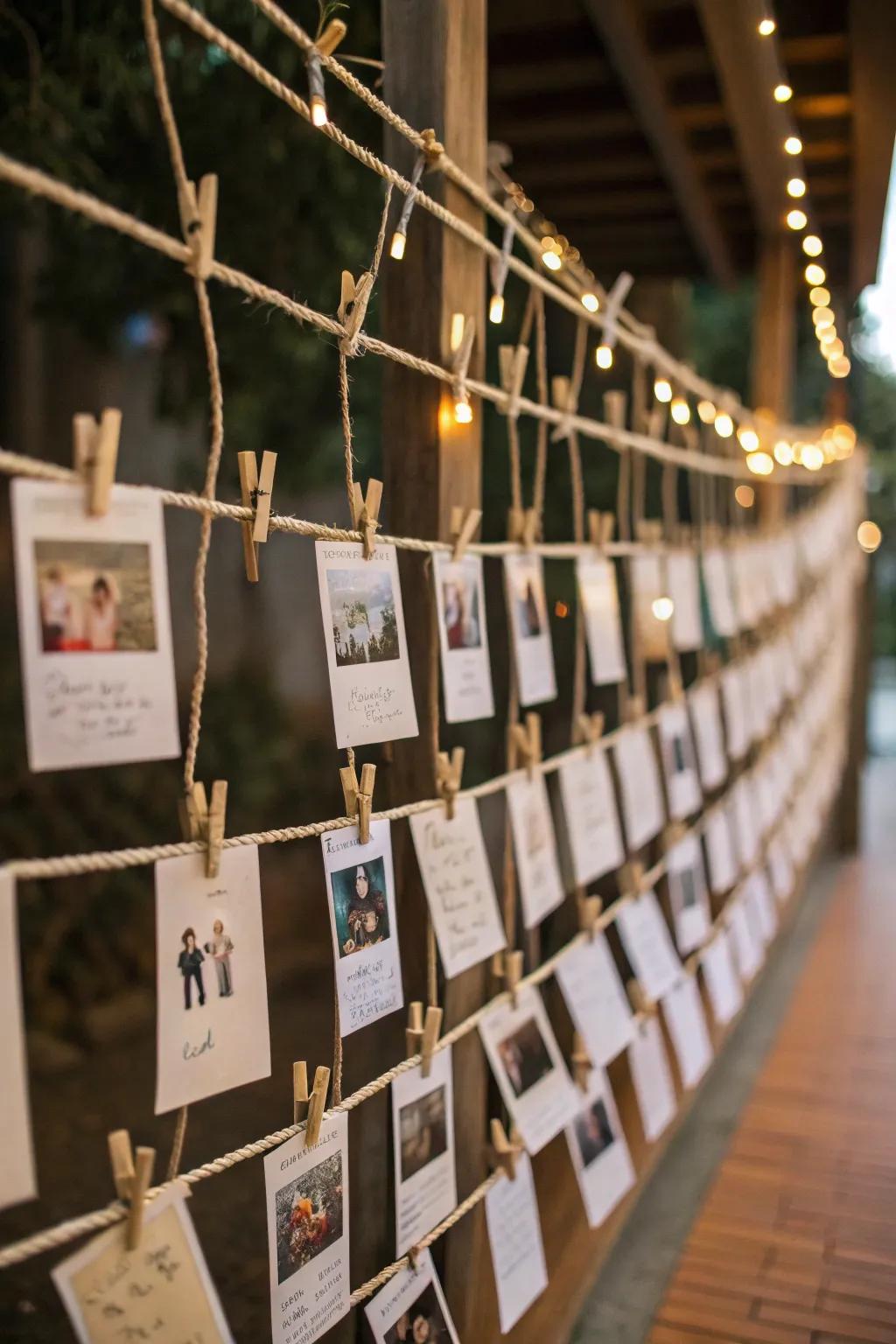 Strings and pegged prayers adorn a whimsical prayer wall.