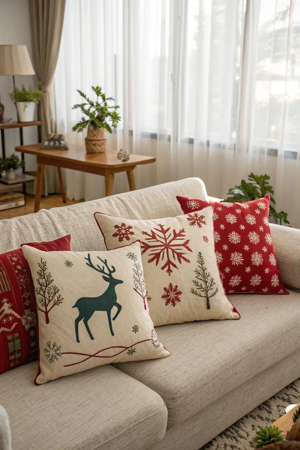 Celebratory throw bolsters bring holiday cheer to the living room.