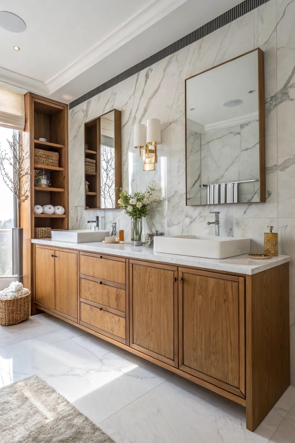 Wood detailing infuses warmth and texture into your bathing space.