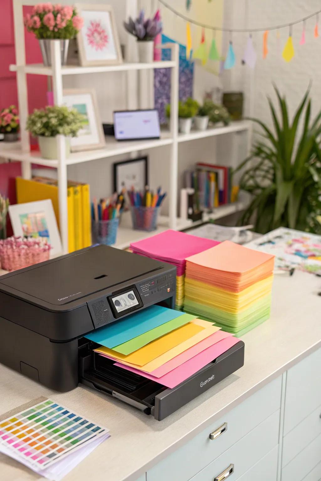 A vibrant display brightens up the office while keeping everything organized.