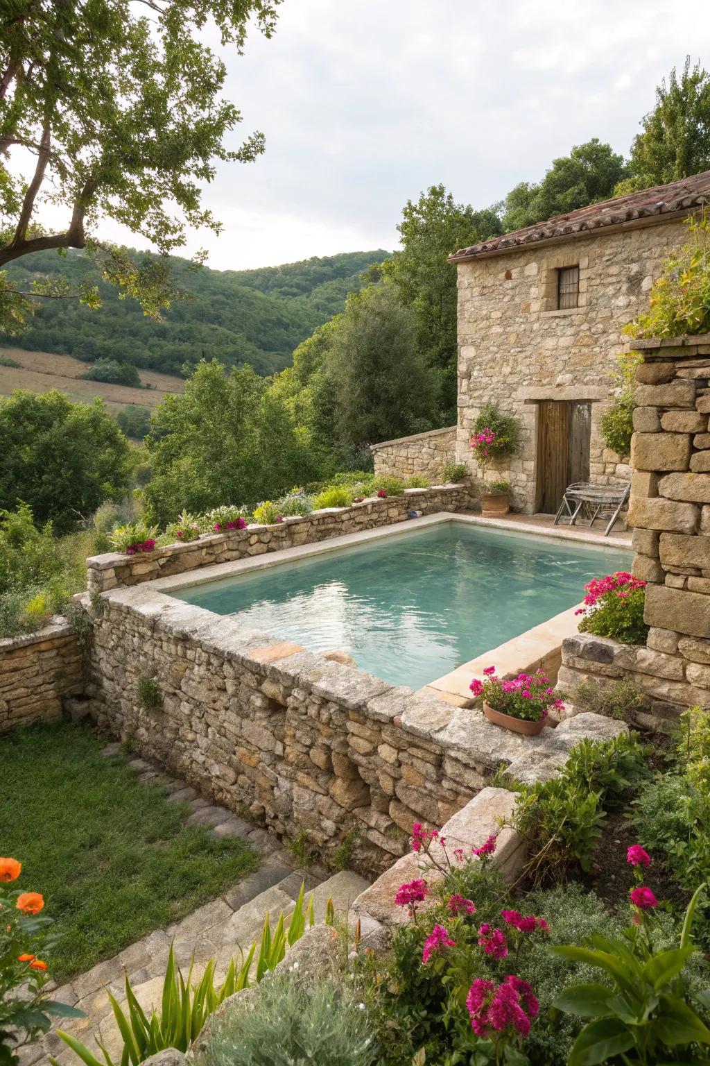 Earthy stone fortifications infuse sturdiness and sophistication to pool privacy.