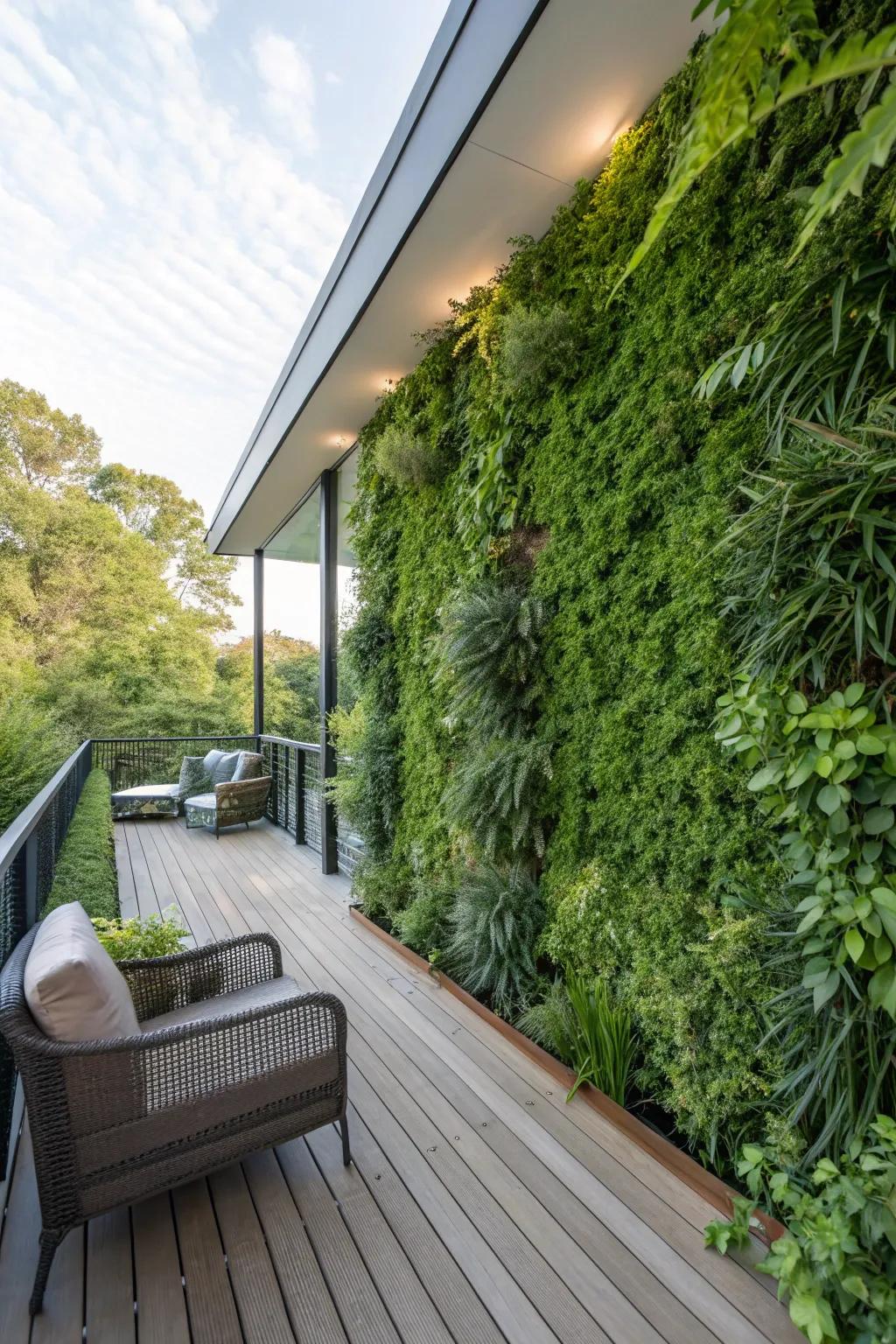 An exuberant vertical patch boundary imparts seclusion and verdure to a deck.