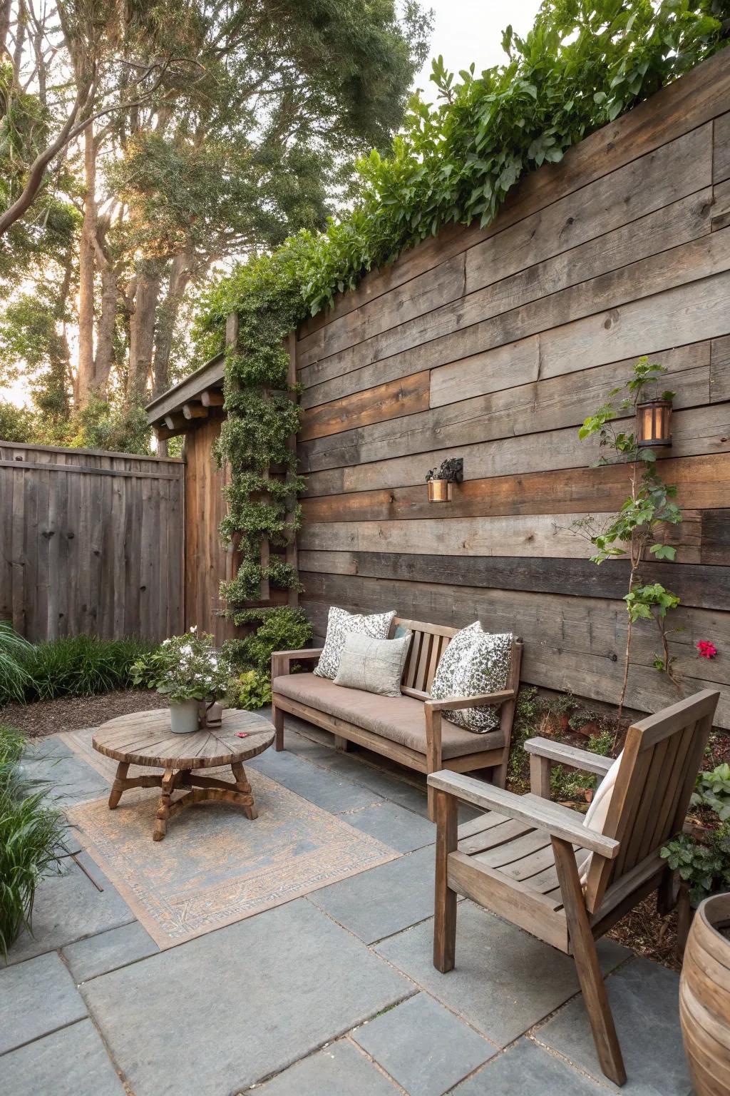 Reclaimed wood walls provide countryside charm and sustainable seclusion.