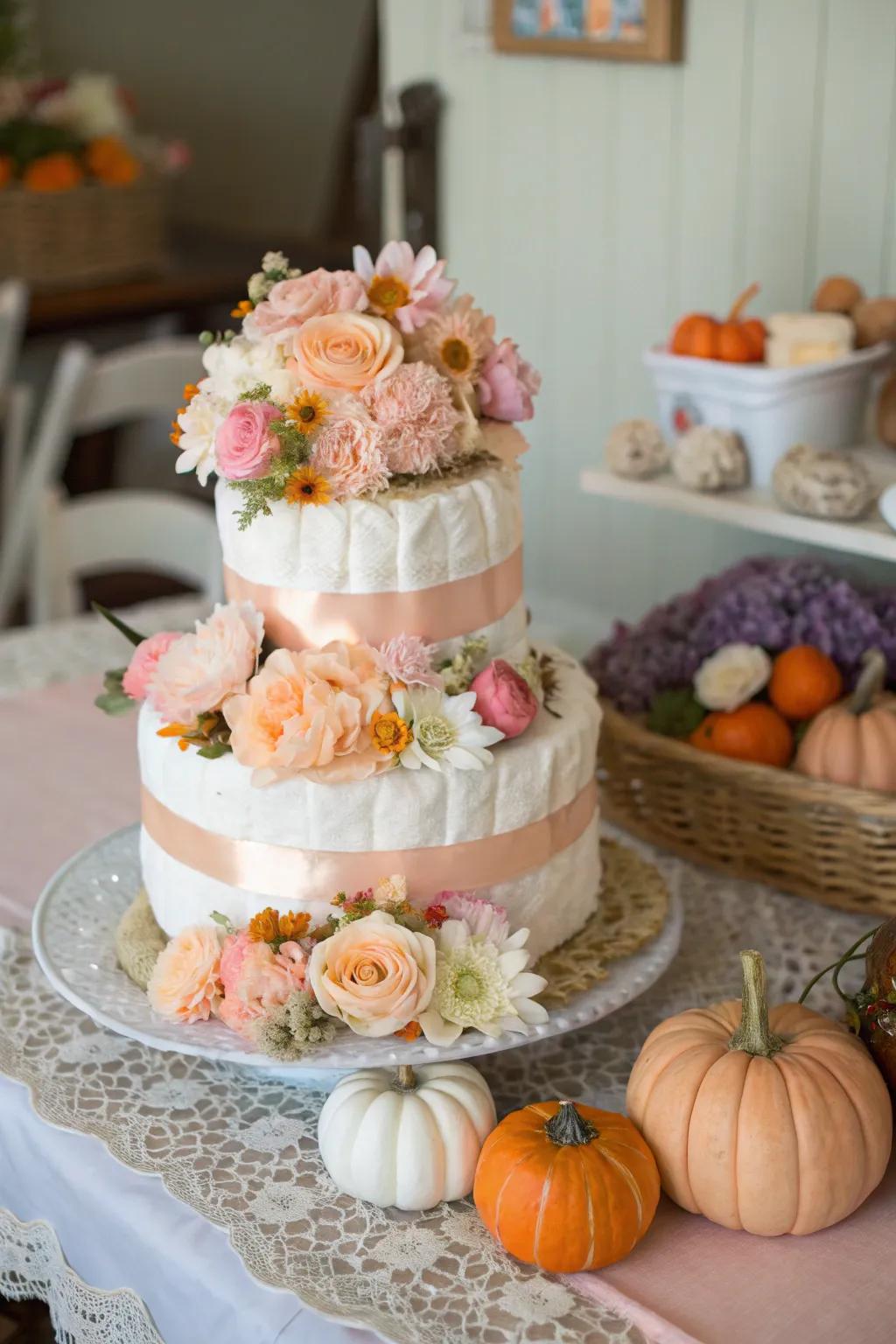 Botanical gourd nappy cakes contribute a more gentle, refined touch to the theme.
